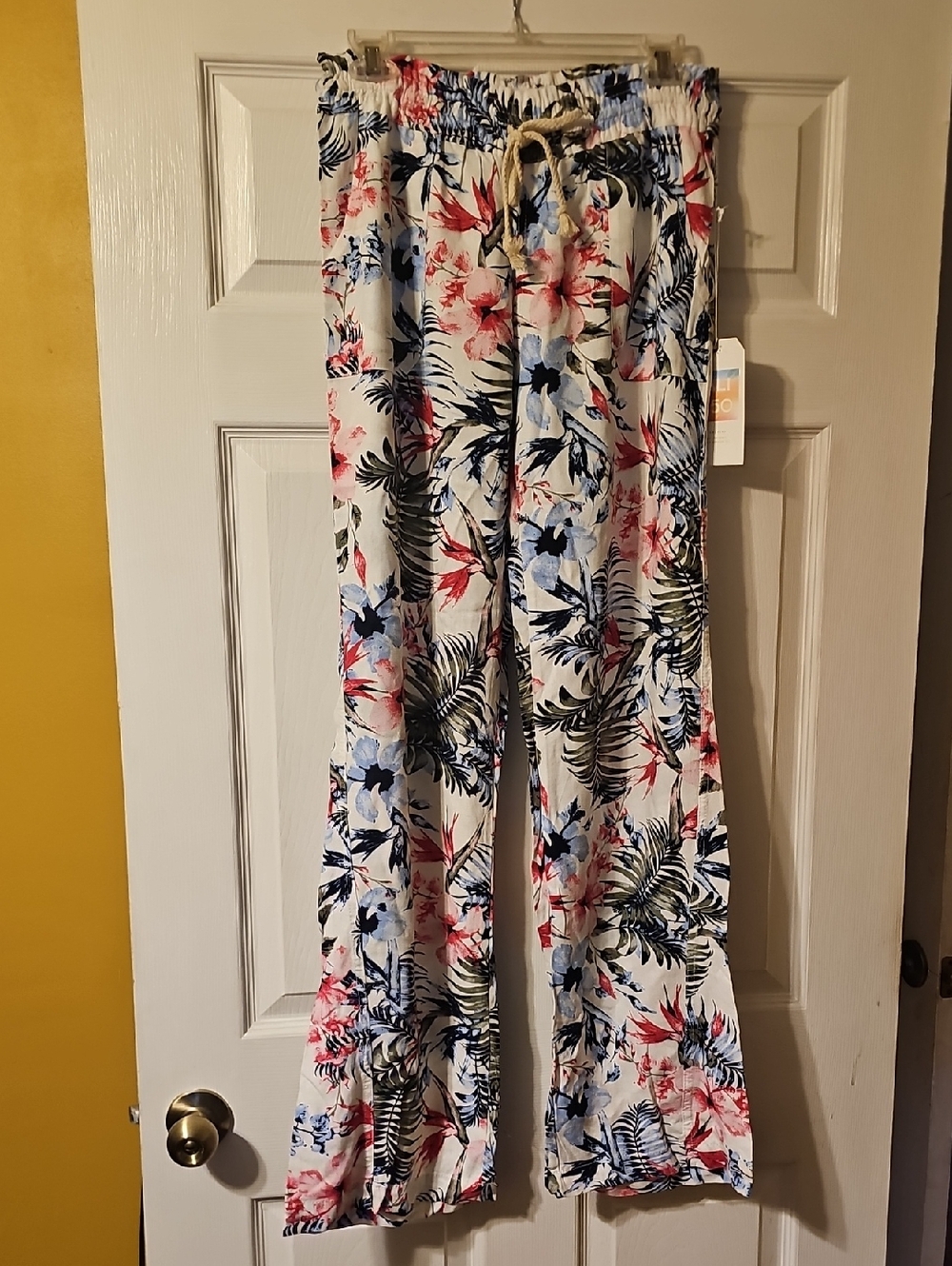 Tropical-Print Wide Leg Pants - White with Blue & Pink Floral - Picture 1 of 5